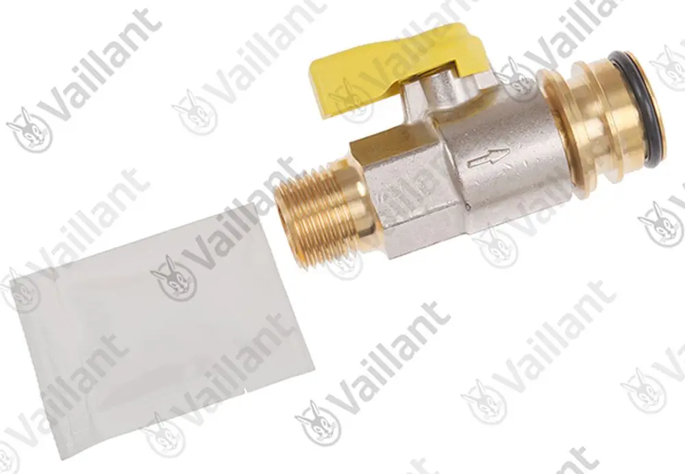 Vaillant Gasabsperrhahn mit einem gelben Hebel und einem Anschluss für Rohrleitungen, daneben eine transparente Verpackung.